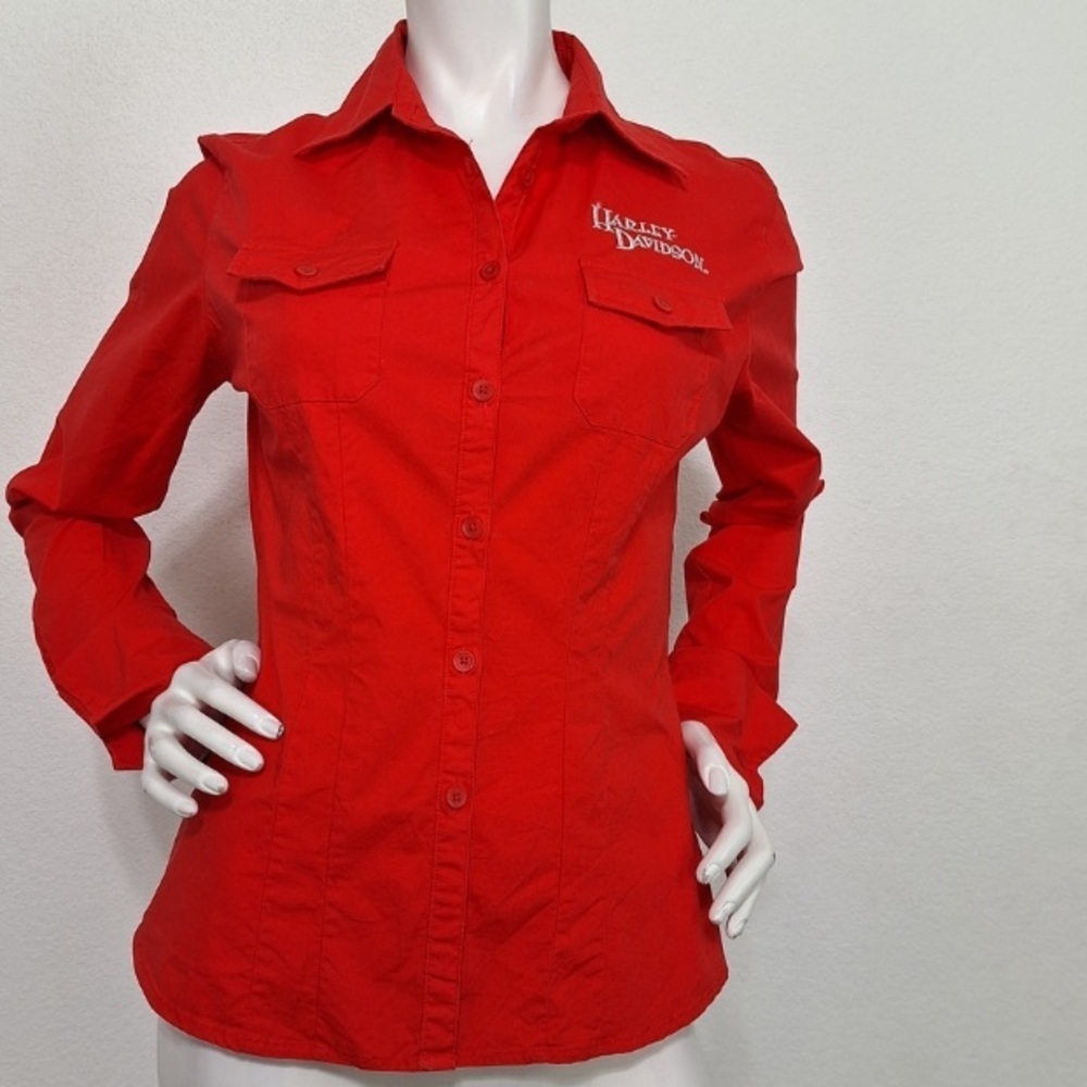 Harley-Davidson Red Embroidered Moto Bikercore Grunge Button Down Shirt Size M